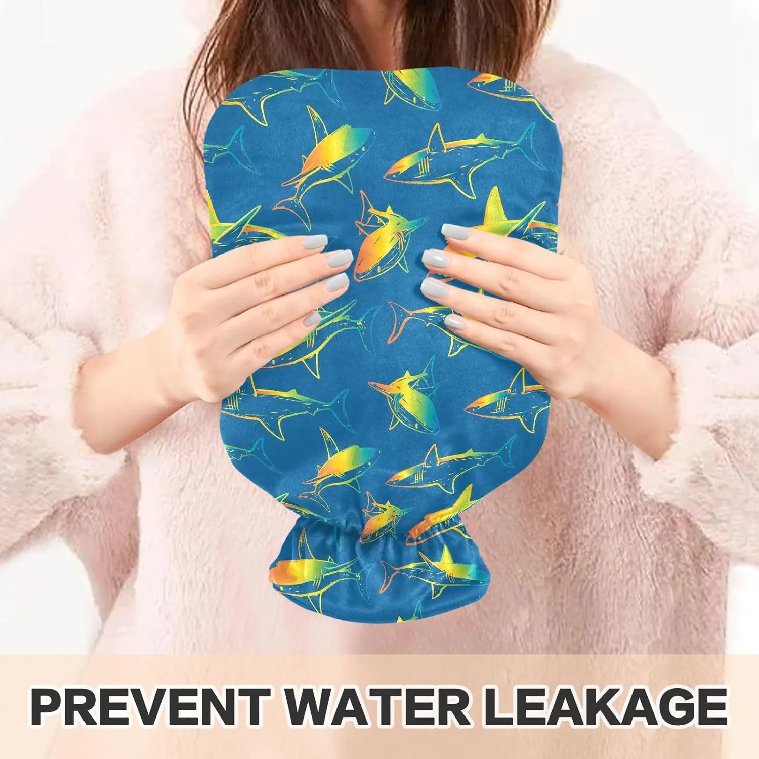 Vibrant Sharks Blue Hot Water Bottle Bag with Cover, 2 Liters Cute Hot Water Bags for Menstrual Cramps, Neck, Shoulder, Back Pain Relief, Hot and Cold Compress