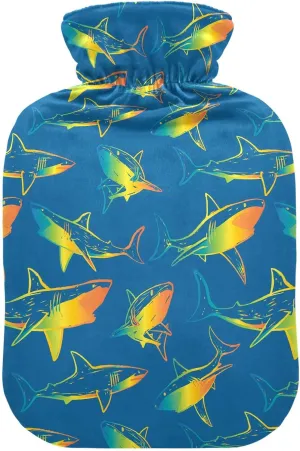 Vibrant Sharks Blue Hot Water Bottle Bag with Cover, 2 Liters Cute Hot Water Bags for Menstrual Cramps, Neck, Shoulder, Back Pain Relief, Hot and Cold Compress