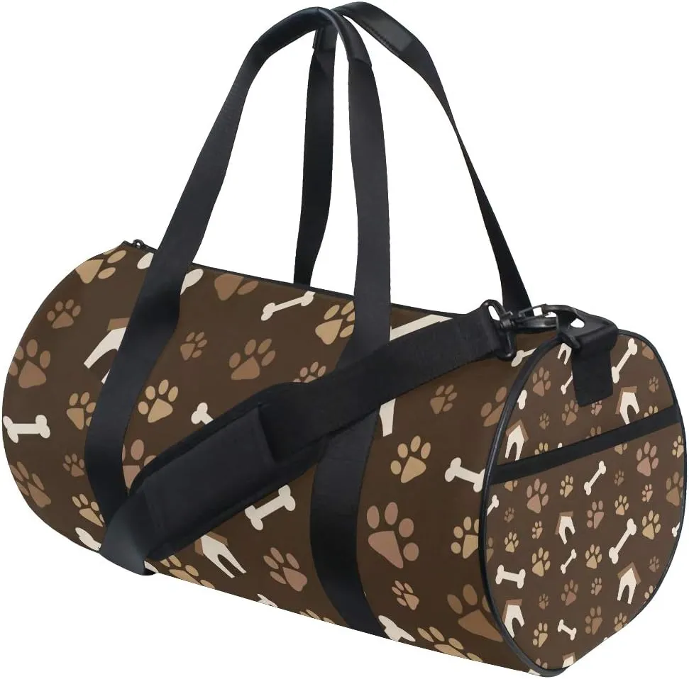 VIKKO Brown Dog Paw Print Bones Gym Duffel Bag Canvas Travel Weekender Luggage Handbag for Men Women Sports and Overnight