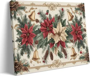 Vintage Christmas Pattern Canvas Painting Wall Art Poinsettias Pine Cones Golden Bells Poster Print Artwork Picture for Bedroom Room Decor 16x24inch(40x60cm) Frame-color-1