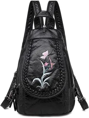 Vintage Embroidered Women Backpacks Soft PU Leather Backpack Purse Small Female Travel Bag Black Chest Packs (Orchid)