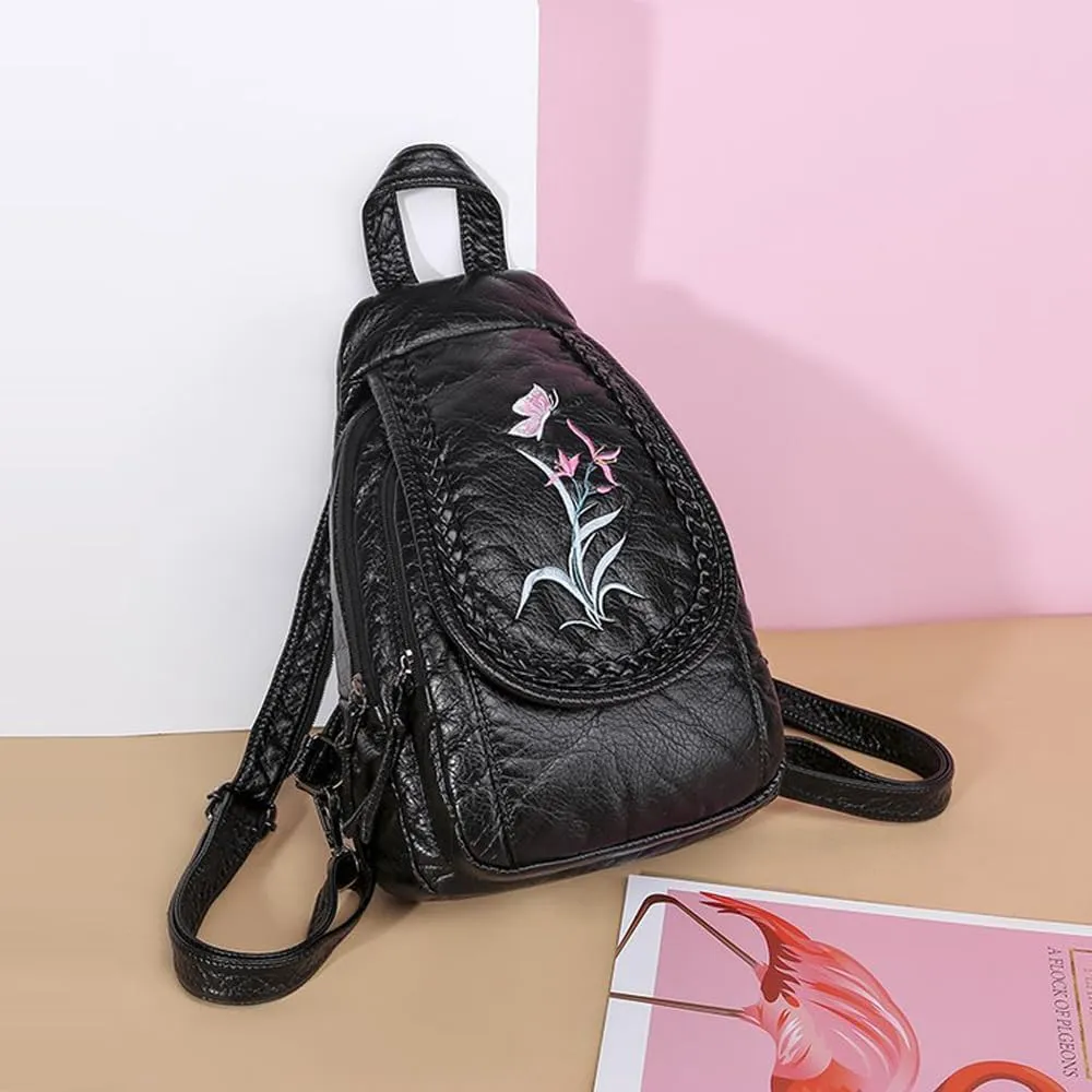 Vintage Embroidered Women Backpacks Soft PU Leather Backpack Purse Small Female Travel Bag Black Chest Packs (Orchid)