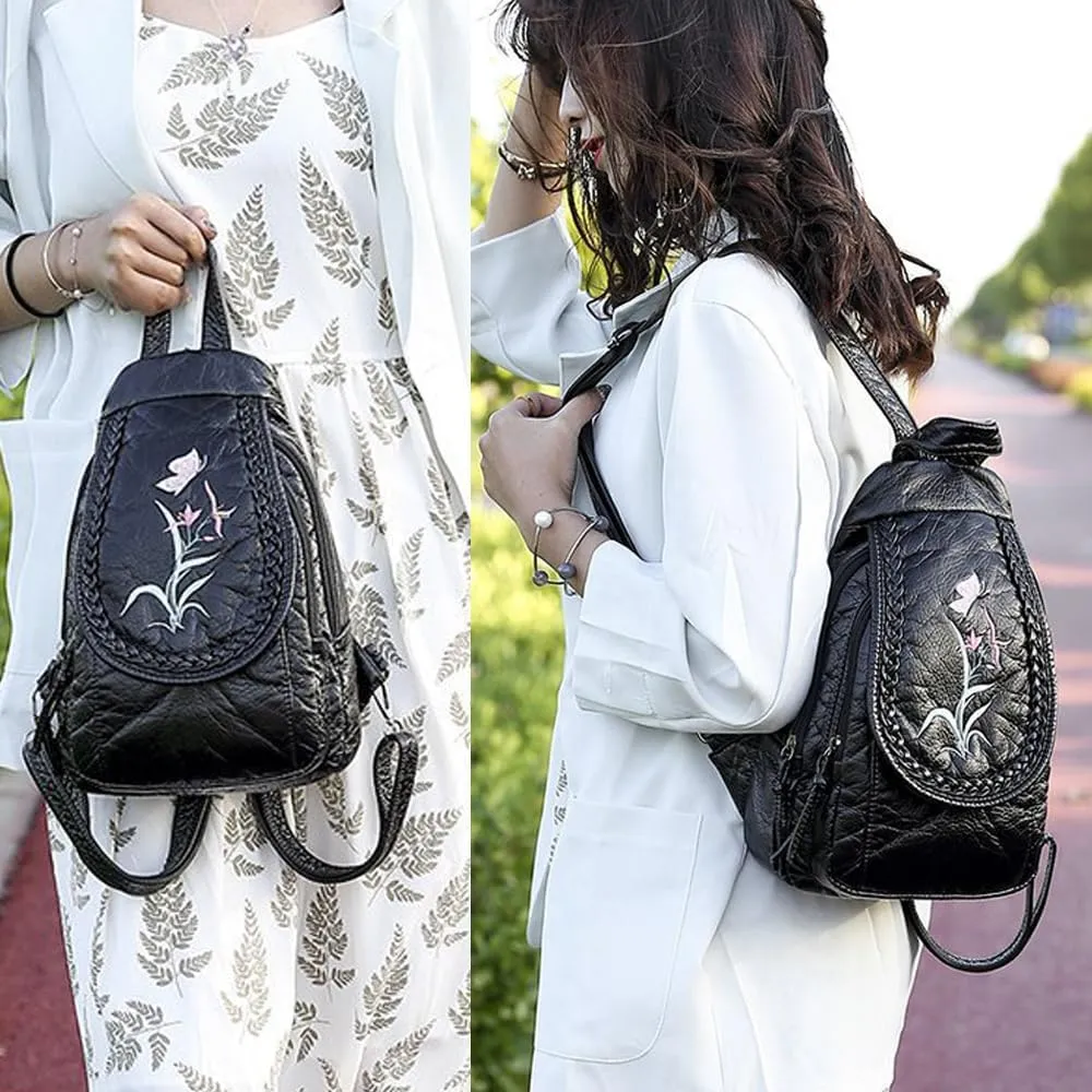 Vintage Embroidered Women Backpacks Soft PU Leather Backpack Purse Small Female Travel Bag Black Chest Packs (Orchid)