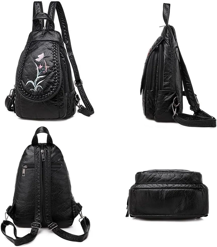 Vintage Embroidered Women Backpacks Soft PU Leather Backpack Purse Small Female Travel Bag Black Chest Packs (Orchid)