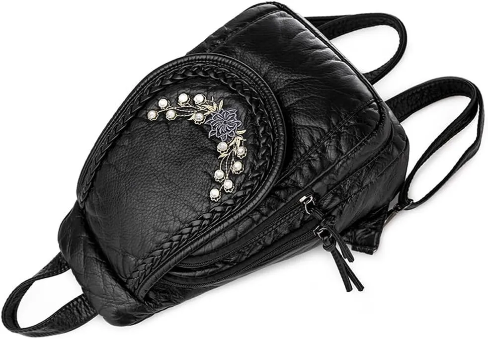 Vintage Embroidered Women Backpacks Soft PU Leather Backpack Purse Small Female Travel Bag Black Chest Packs (Rhinestones)