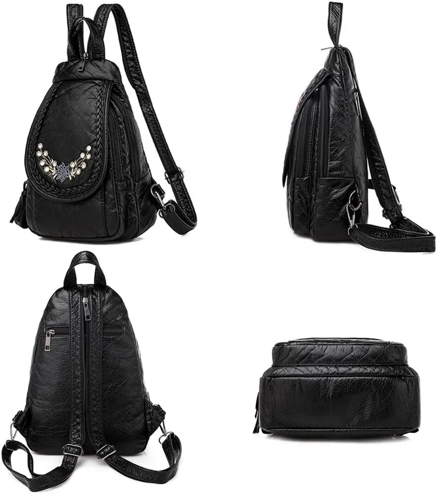 Vintage Embroidered Women Backpacks Soft PU Leather Backpack Purse Small Female Travel Bag Black Chest Packs (Rhinestones)
