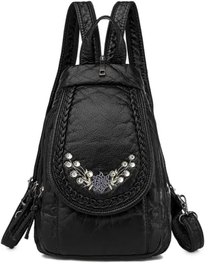 Vintage Embroidered Women Backpacks Soft PU Leather Backpack Purse Small Female Travel Bag Black Chest Packs (Rhinestones)