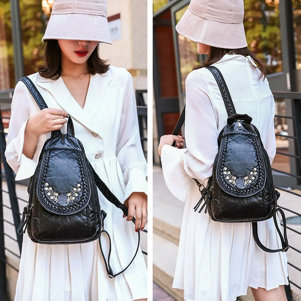 Vintage Embroidered Women Backpacks Soft PU Leather Backpack Purse Small Female Travel Bag Black Chest Packs (Rhinestones)