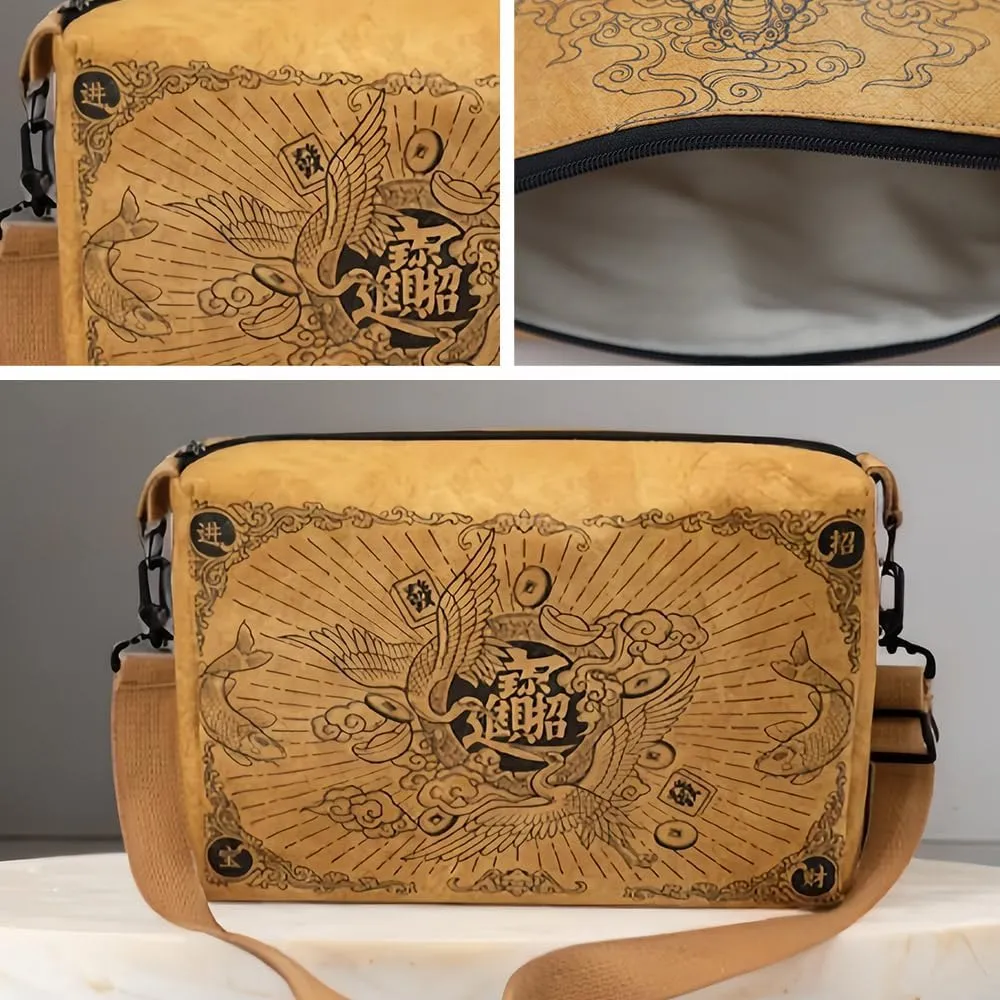 Vintage Fiber Paper Cosmetic Bag,Trendy Soft Lightweight Medium Zipper Oriental Crossbody Bag,Adjustable Strap Lady Gift
