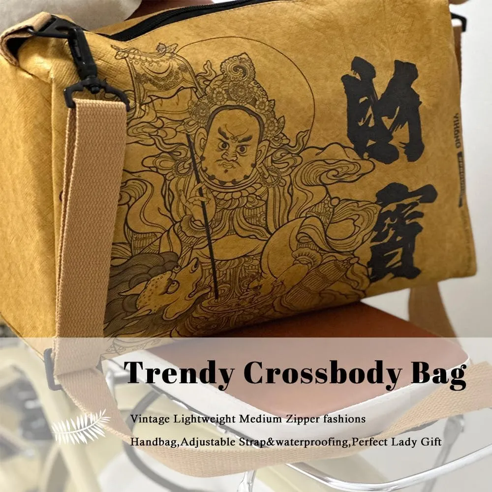 Vintage Fiber Paper Cosmetic Bag,Trendy Soft Lightweight Medium Zipper Oriental Crossbody Bag,Adjustable Strap Lady Gift