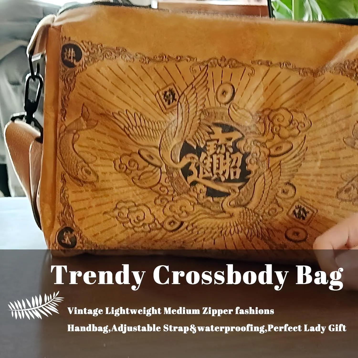 Vintage Fiber Paper Cosmetic Bag,Trendy Soft Lightweight Medium Zipper Oriental Crossbody Bag,Adjustable Strap Lady Gift