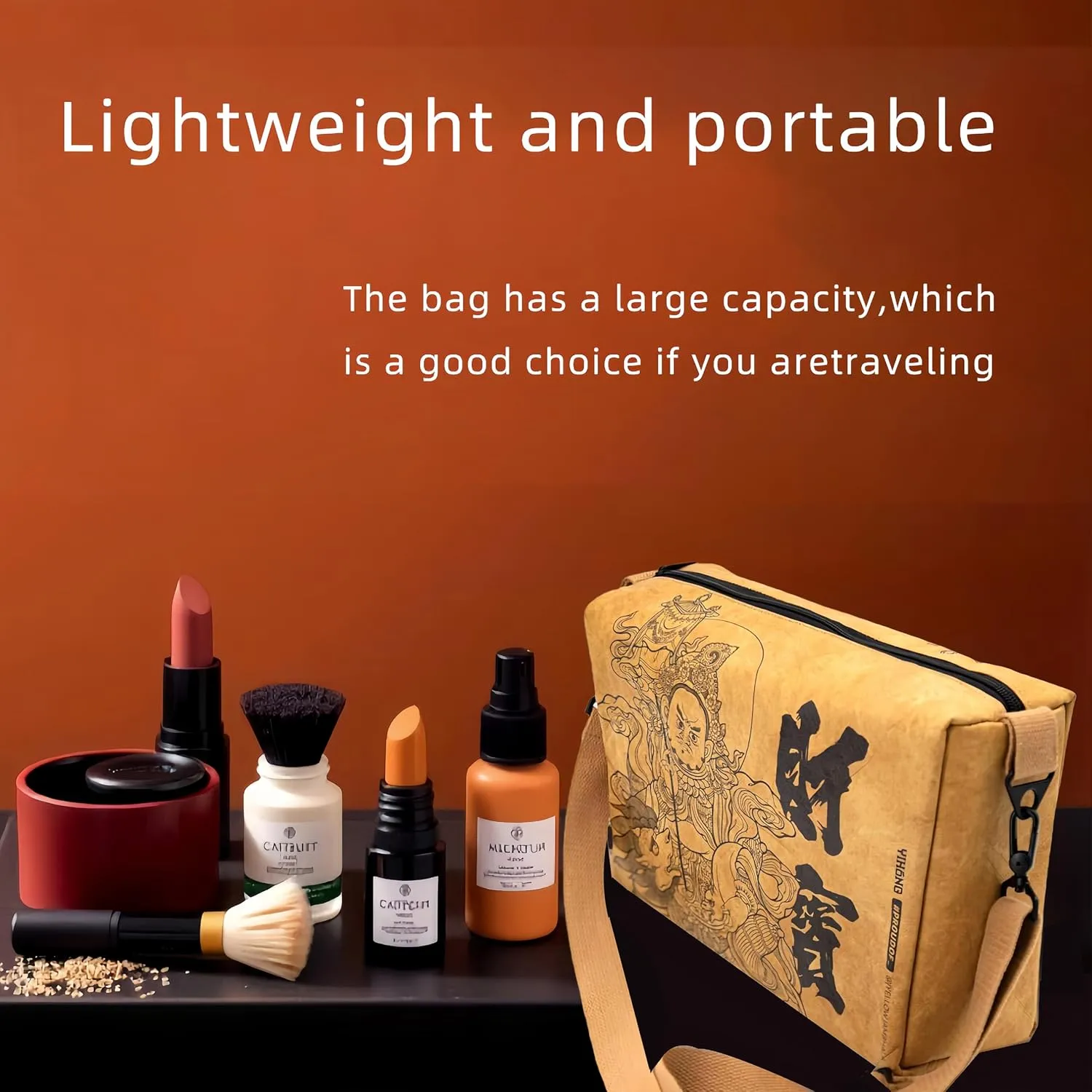 Vintage Fiber Paper Cosmetic Bag,Trendy Soft Lightweight Medium Zipper Oriental Crossbody Bag,Adjustable Strap Lady Gift