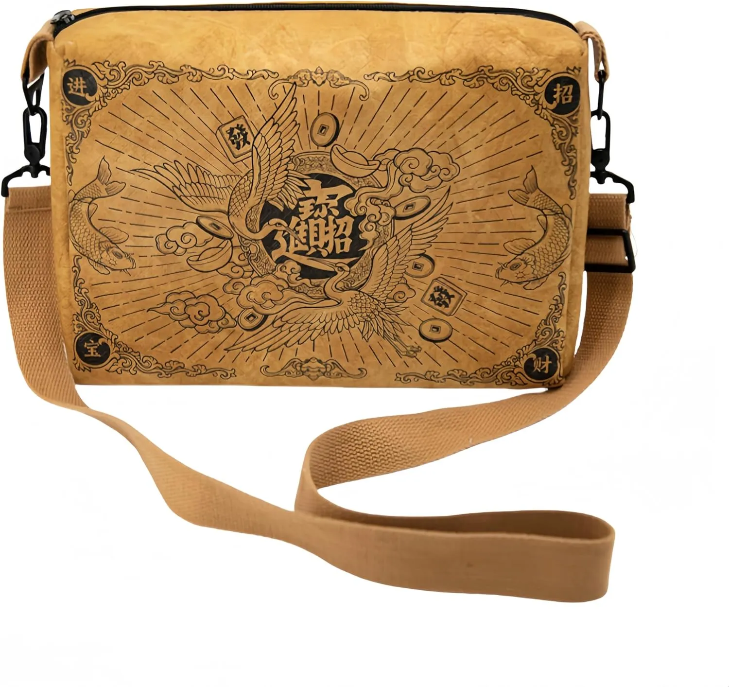 Vintage Fiber Paper Cosmetic Bag,Trendy Soft Lightweight Medium Zipper Oriental Crossbody Bag,Adjustable Strap Lady Gift