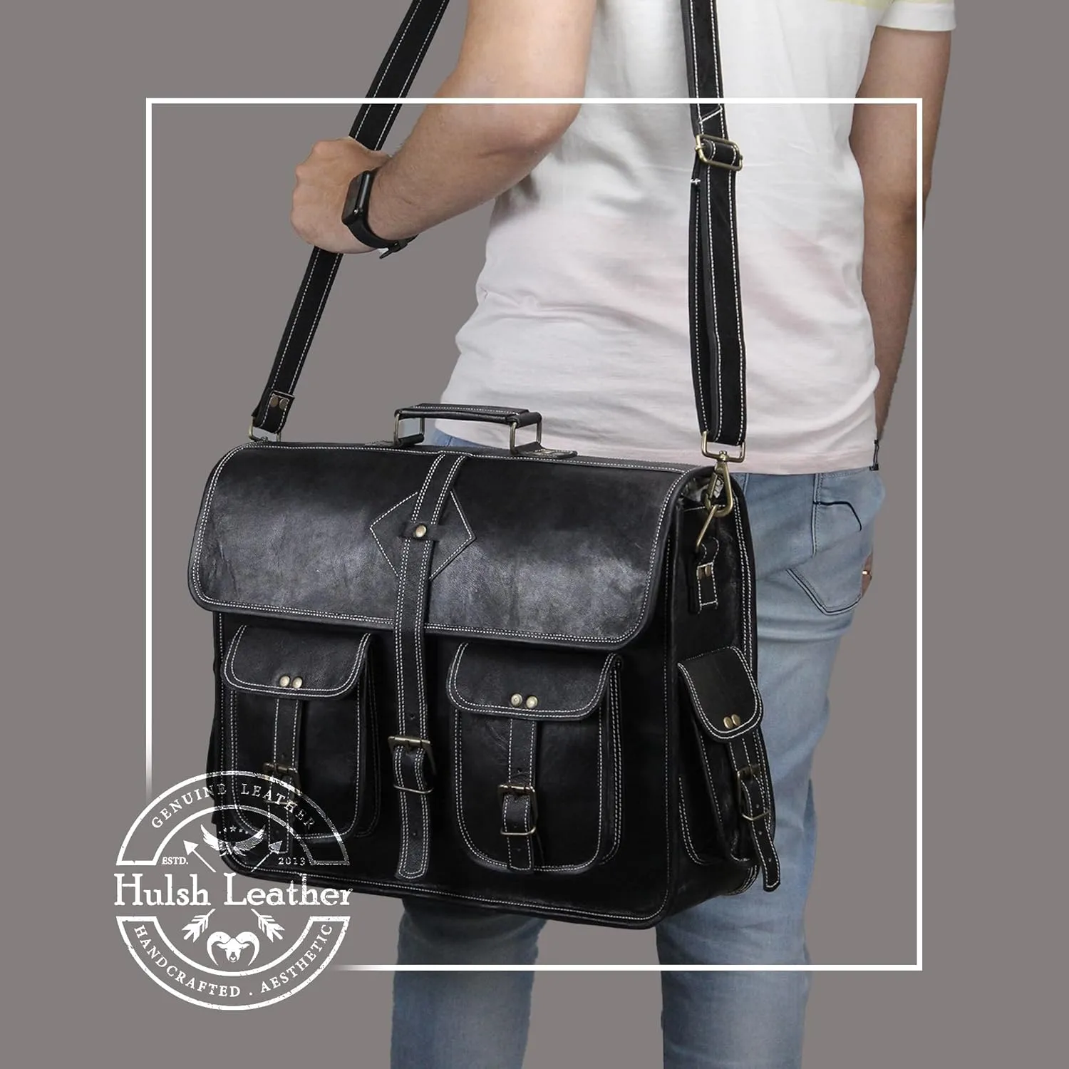 Vintage Leather Laptop Bag for Men Full Grain Large Leather Messenger bag for men 18 inches with rustic look Brown briefcase (Black)