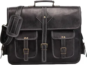 Vintage Leather Laptop Bag for Men Full Grain Large Leather Messenger bag for men 18 inches with rustic look Brown briefcase (Black)