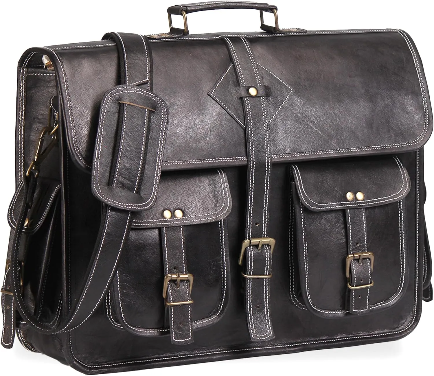 Vintage Leather Laptop Bag for Men Full Grain Large Leather Messenger bag for men 18 inches with rustic look Brown briefcase (Black)