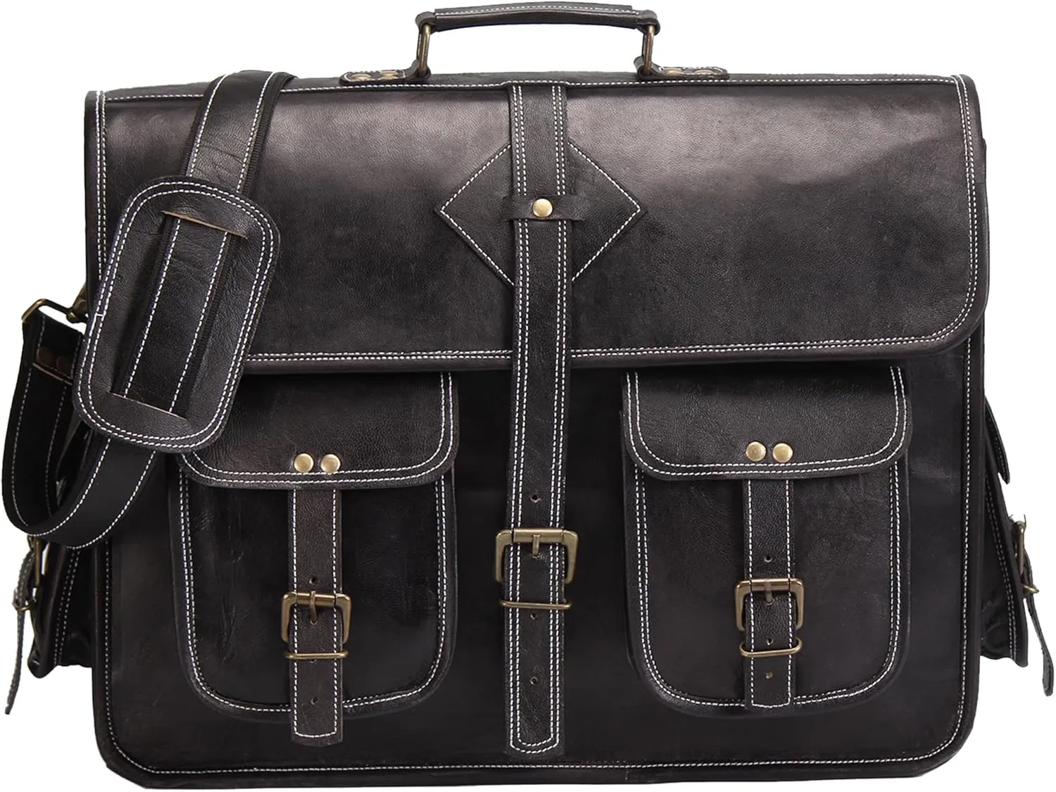 Vintage Leather Laptop Bag for Men Full Grain Large Leather Messenger bag for men 18 inches with rustic look Brown briefcase (Black)