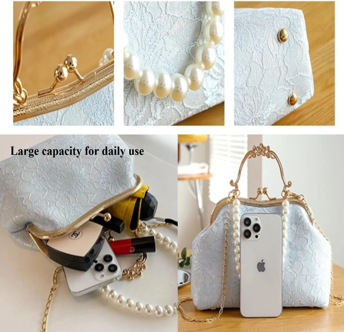 Vintage Pearl Purses for Women with Embroidered Floral Lace Large Capacity Evening Handbag Shoulder Crossbody Bags