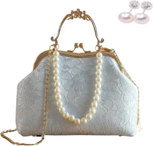 Vintage Pearl Purses for Women with Embroidered Floral Lace Large Capacity Evening Handbag Shoulder Crossbody Bags