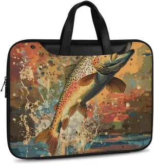 Vintage Trout Fish Jumping Leather Bag Laptop Case Slim Water Resistant Computer Bags with Handle Briefcase for Work