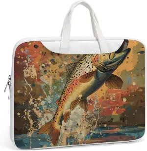 Vintage Trout Fish Jumping Leather Bag Laptop Case Slim Water Resistant Computer Bags with Handle Briefcase for Work