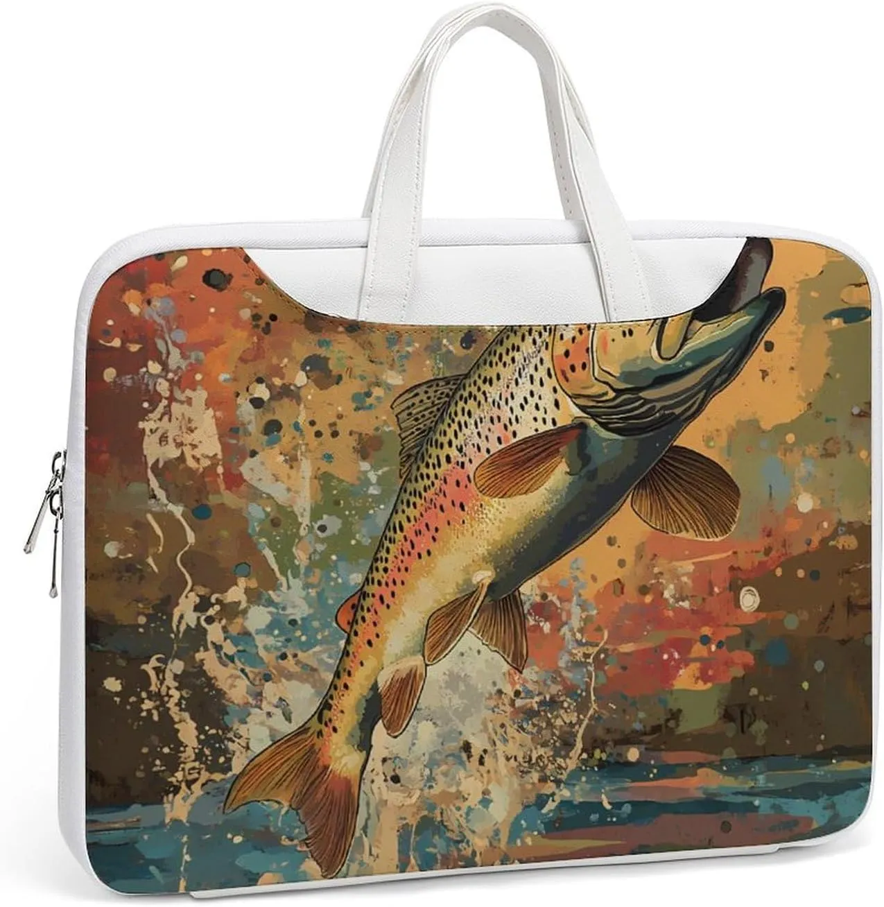 Vintage Trout Fish Jumping Leather Bag Laptop Case Slim Water Resistant Computer Bags with Handle Briefcase for Work