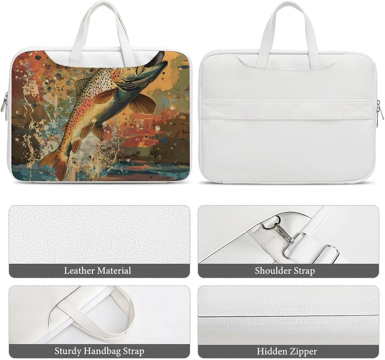 Vintage Trout Fish Jumping Leather Bag Laptop Case Slim Water Resistant Computer Bags with Handle Briefcase for Work
