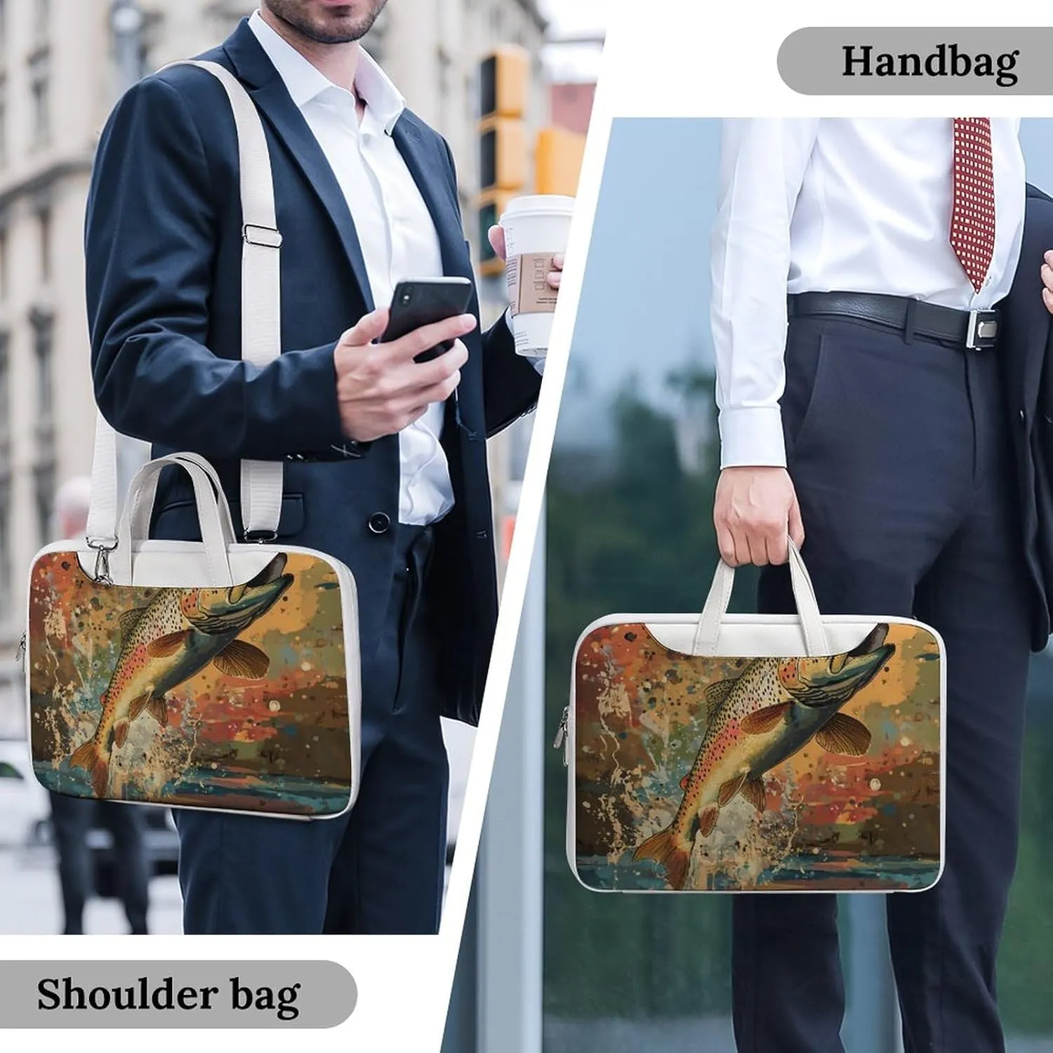 Vintage Trout Fish Jumping Leather Bag Laptop Case Slim Water Resistant Computer Bags with Handle Briefcase for Work