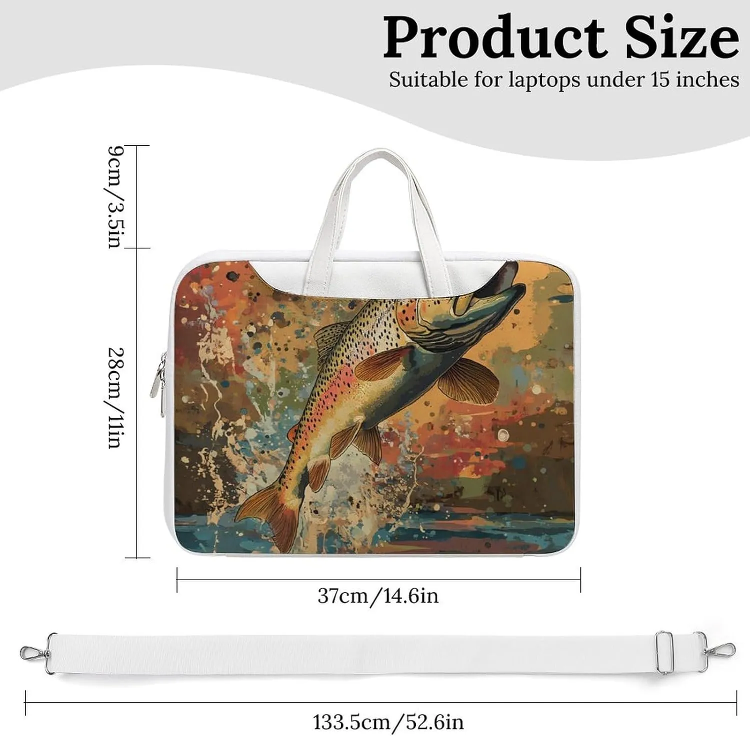 Vintage Trout Fish Jumping Leather Bag Laptop Case Slim Water Resistant Computer Bags with Handle Briefcase for Work