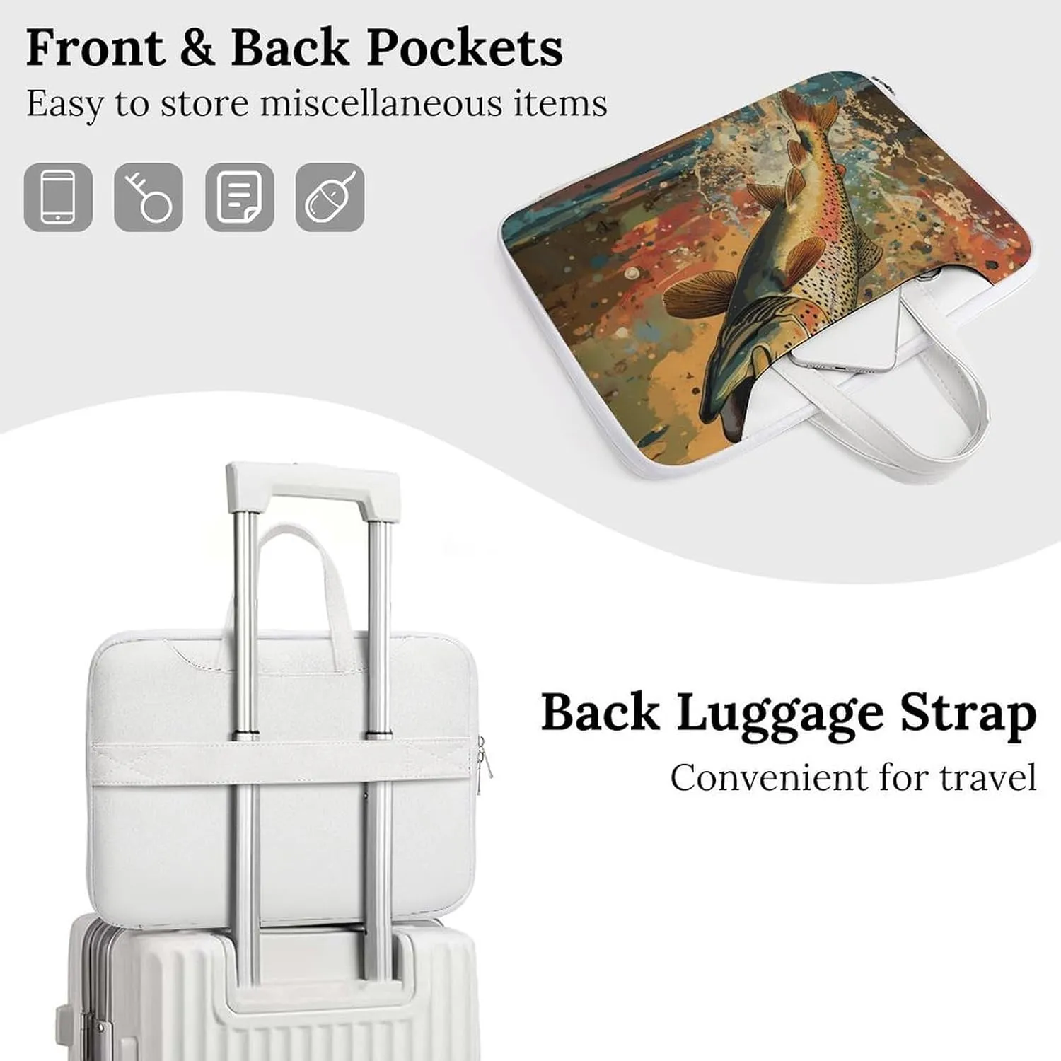 Vintage Trout Fish Jumping Leather Bag Laptop Case Slim Water Resistant Computer Bags with Handle Briefcase for Work