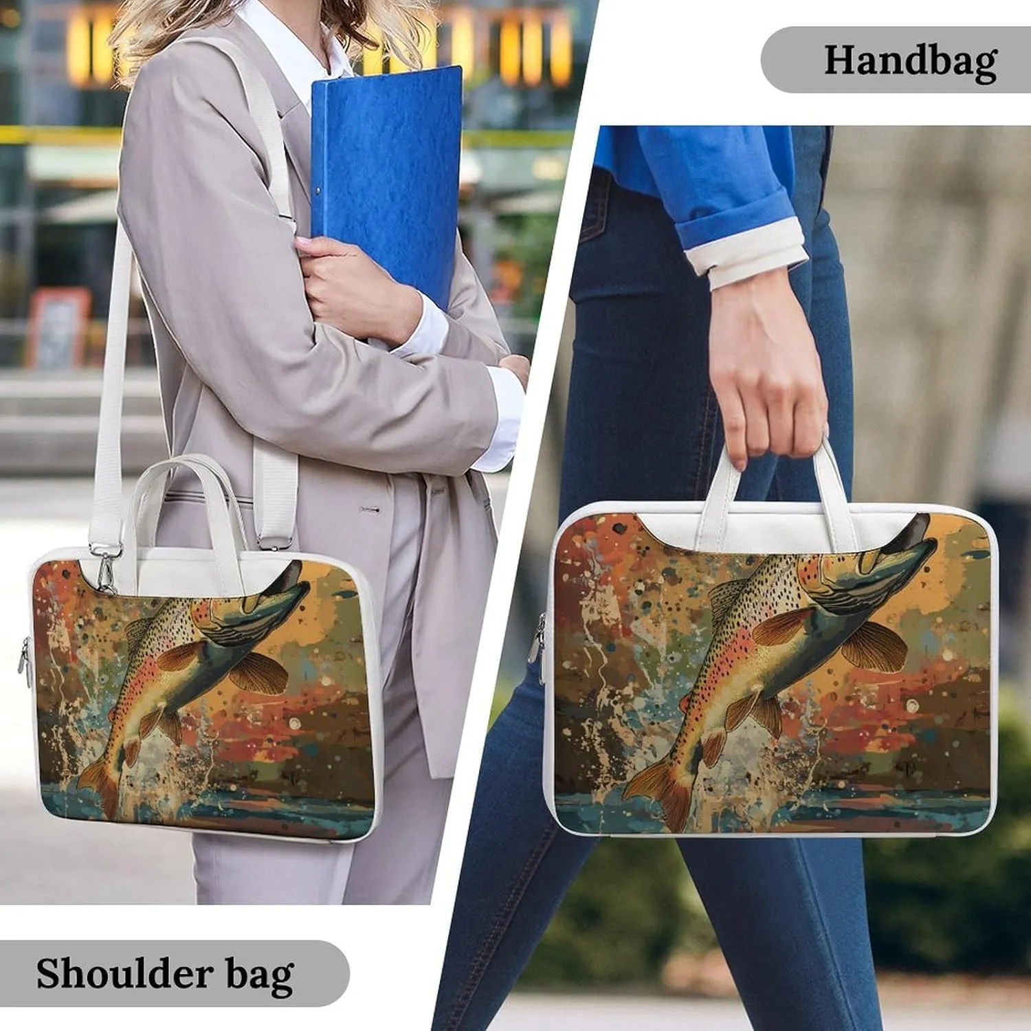 Vintage Trout Fish Jumping Leather Bag Laptop Case Slim Water Resistant Computer Bags with Handle Briefcase for Work