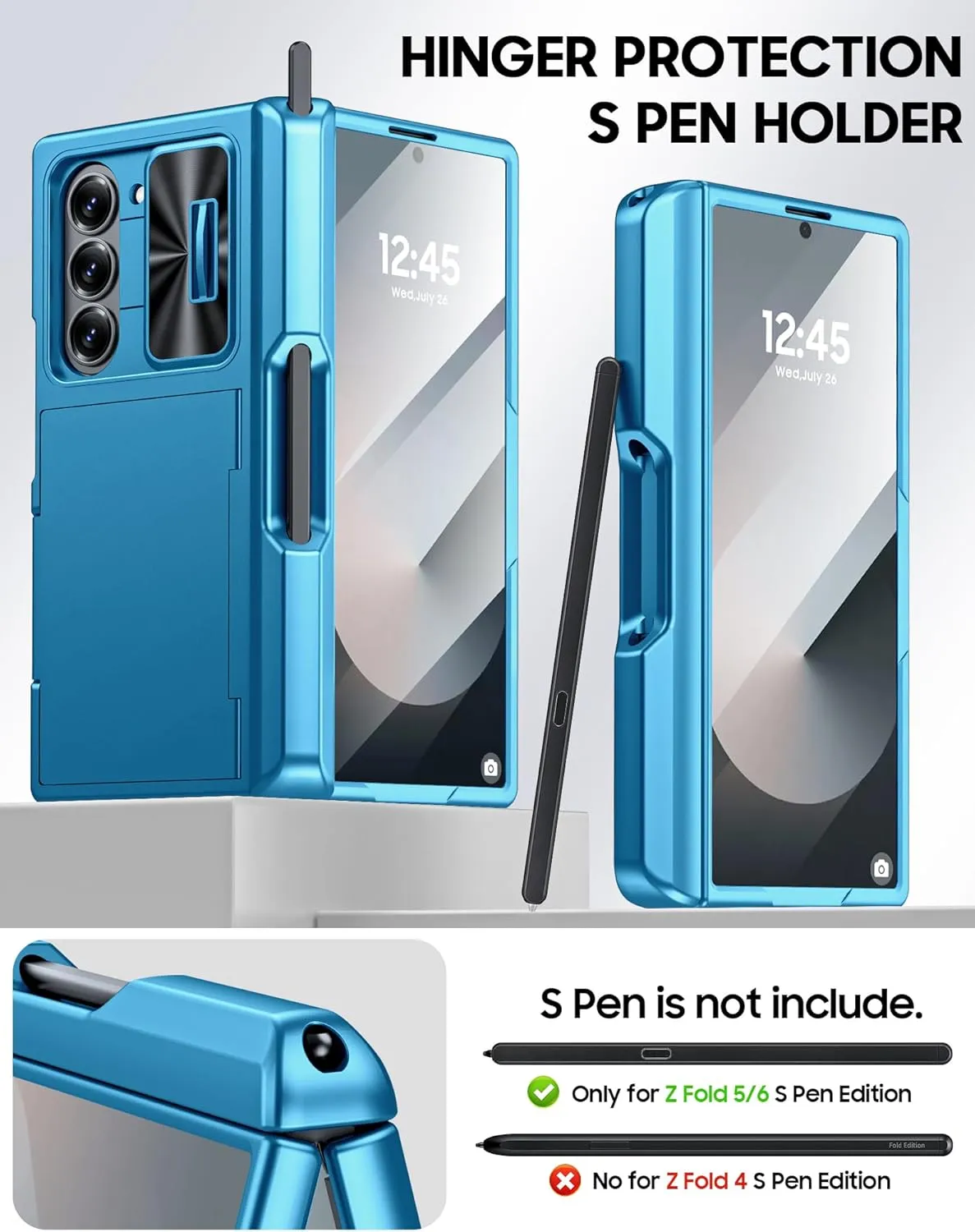 Vizvera for Samsung Galaxy Z Fold 6 Case RFID Wallet with Cards Holder [S Pen Holder] [Camera Cover] Shockproof Silicone Protective Phone Case for Z Fold 6 2024-Lake Blue