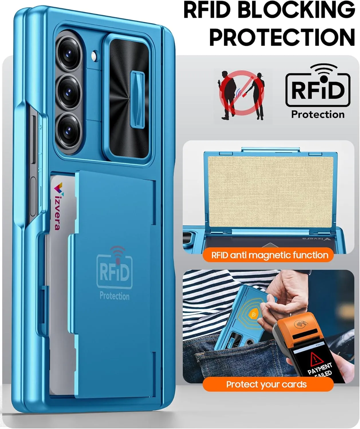 Vizvera for Samsung Galaxy Z Fold 6 Case RFID Wallet with Cards Holder [S Pen Holder] [Camera Cover] Shockproof Silicone Protective Phone Case for Z Fold 6 2024-Lake Blue