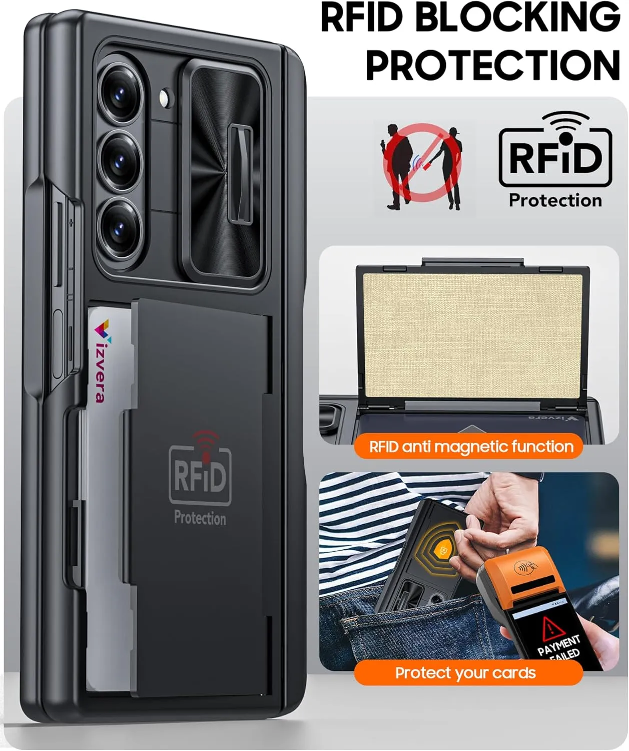 Vizvera for Samsung Galaxy Z Fold 6 Case Wallet, RFID Cards Holder [S Pen Holder] [Camera Cover] Shockproof Silicone Protective Phone Case for Z Fold 6 2024-Black