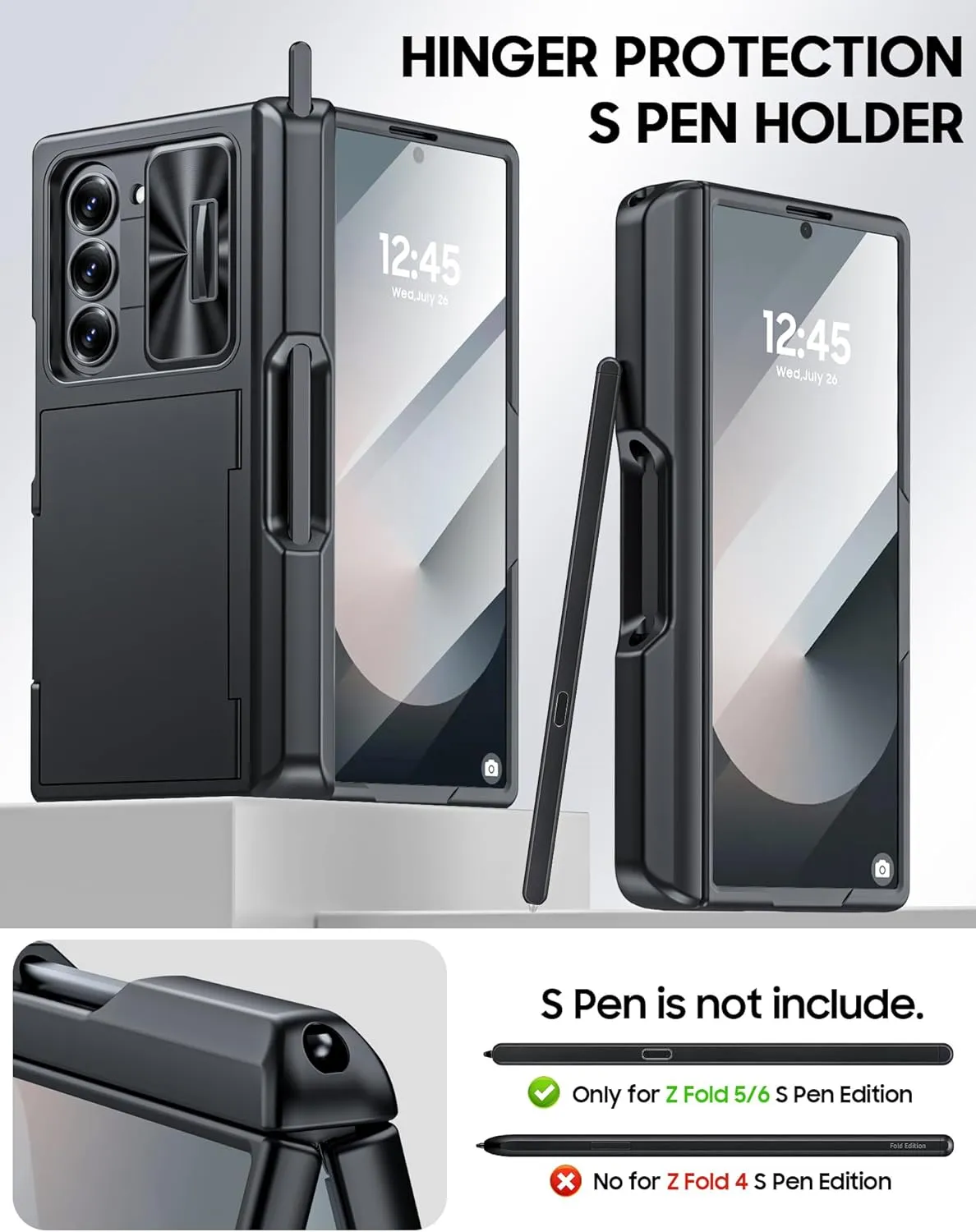 Vizvera for Samsung Galaxy Z Fold 6 Case Wallet, RFID Cards Holder [S Pen Holder] [Camera Cover] Shockproof Silicone Protective Phone Case for Z Fold 6 2024-Black