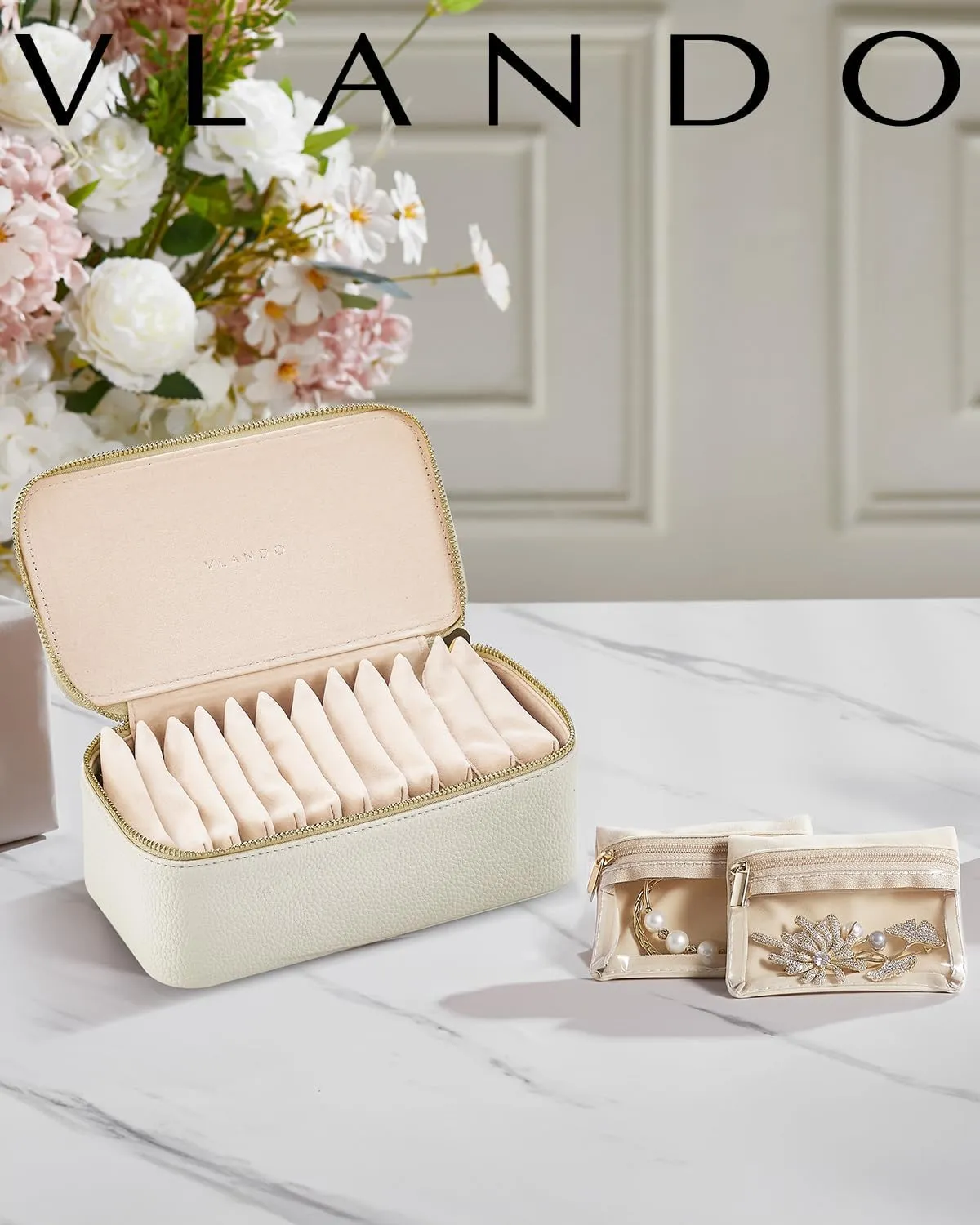 Vlando Gifts for Teachers,Jewelry Box,Travel Jewelry Storage Bags,PU Leather Jewelry Case for 12 Clear Velvet Bags,Gift Ideas for Women Travelers Girls,Wedding, Memorial Day, Birthday Gift-White