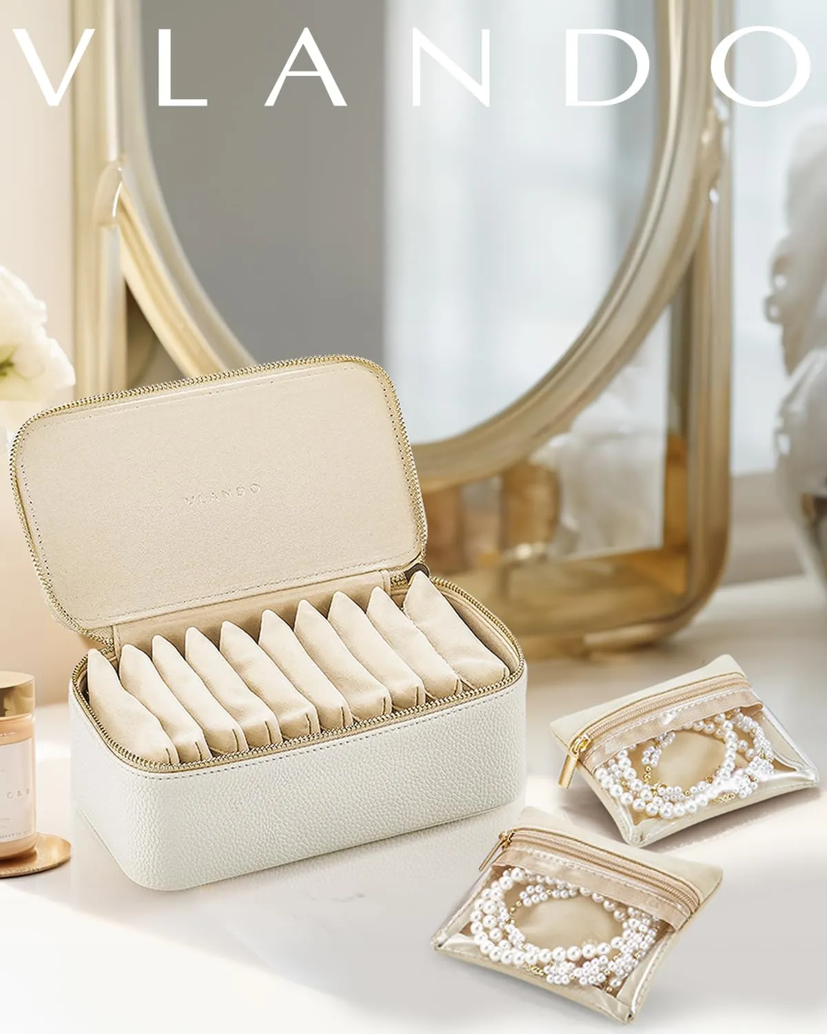 Vlando Gifts for Teachers,Jewelry Box,Travel Jewelry Storage Bags,PU Leather Jewelry Case for 12 Clear Velvet Bags,Gift Ideas for Women Travelers Girls,Wedding, Memorial Day, Birthday Gift-White