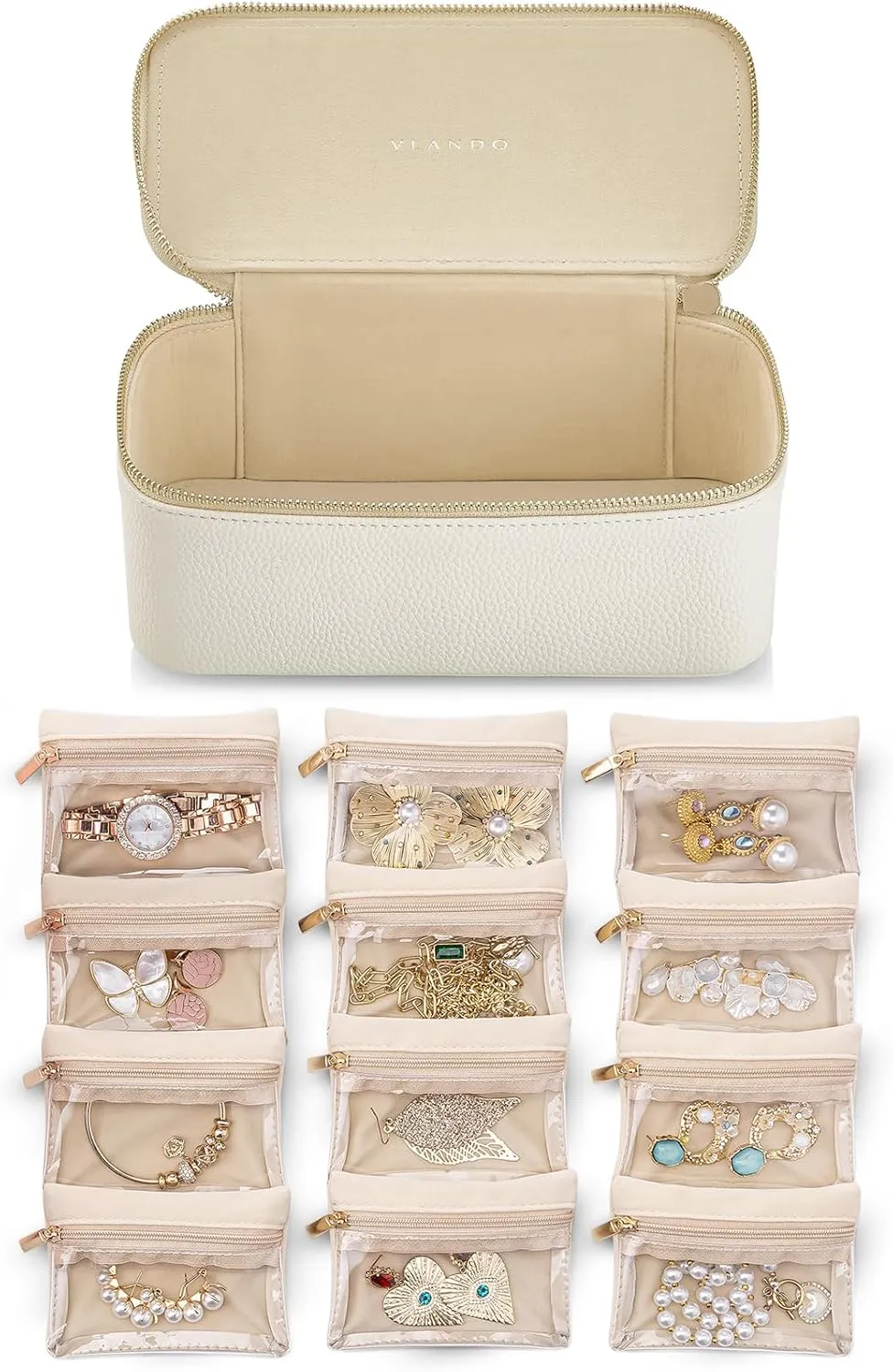 Vlando Gifts for Teachers,Jewelry Box,Travel Jewelry Storage Bags,PU Leather Jewelry Case for 12 Clear Velvet Bags,Gift Ideas for Women Travelers Girls,Wedding, Memorial Day, Birthday Gift-White