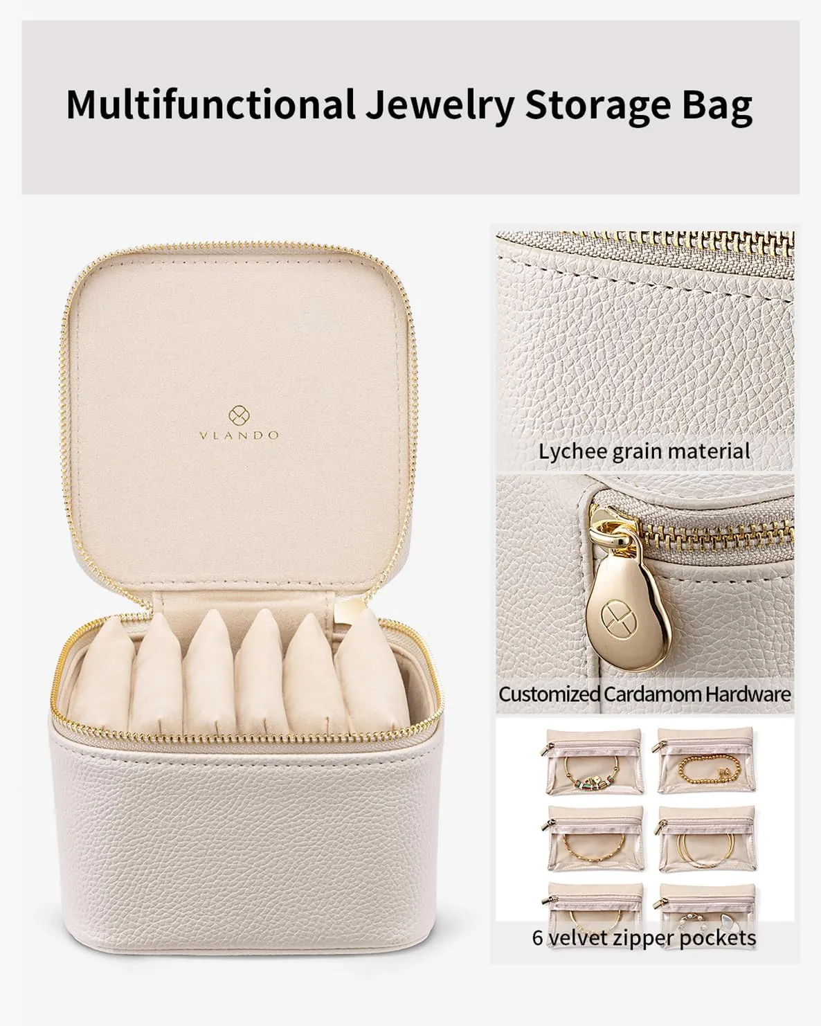 Vlando Teacher Appreciation Gifts,Small Jewelry Box Organizer,Travel Jewelry Storage with 6 Velvet Jewelry Zipper Pockets,Travel Jewelry Case Graduation Gifts Birthday Gifts for Women Girls (White)