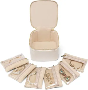 Vlando Teacher Appreciation Gifts,Small Jewelry Box Organizer,Travel Jewelry Storage with 6 Velvet Jewelry Zipper Pockets,Travel Jewelry Case Graduation Gifts Birthday Gifts for Women Girls (White)