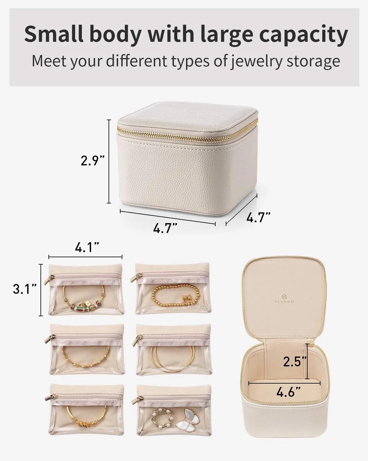 Vlando Teacher Appreciation Gifts,Small Jewelry Box Organizer,Travel Jewelry Storage with 6 Velvet Jewelry Zipper Pockets,Travel Jewelry Case Graduation Gifts Birthday Gifts for Women Girls (White)