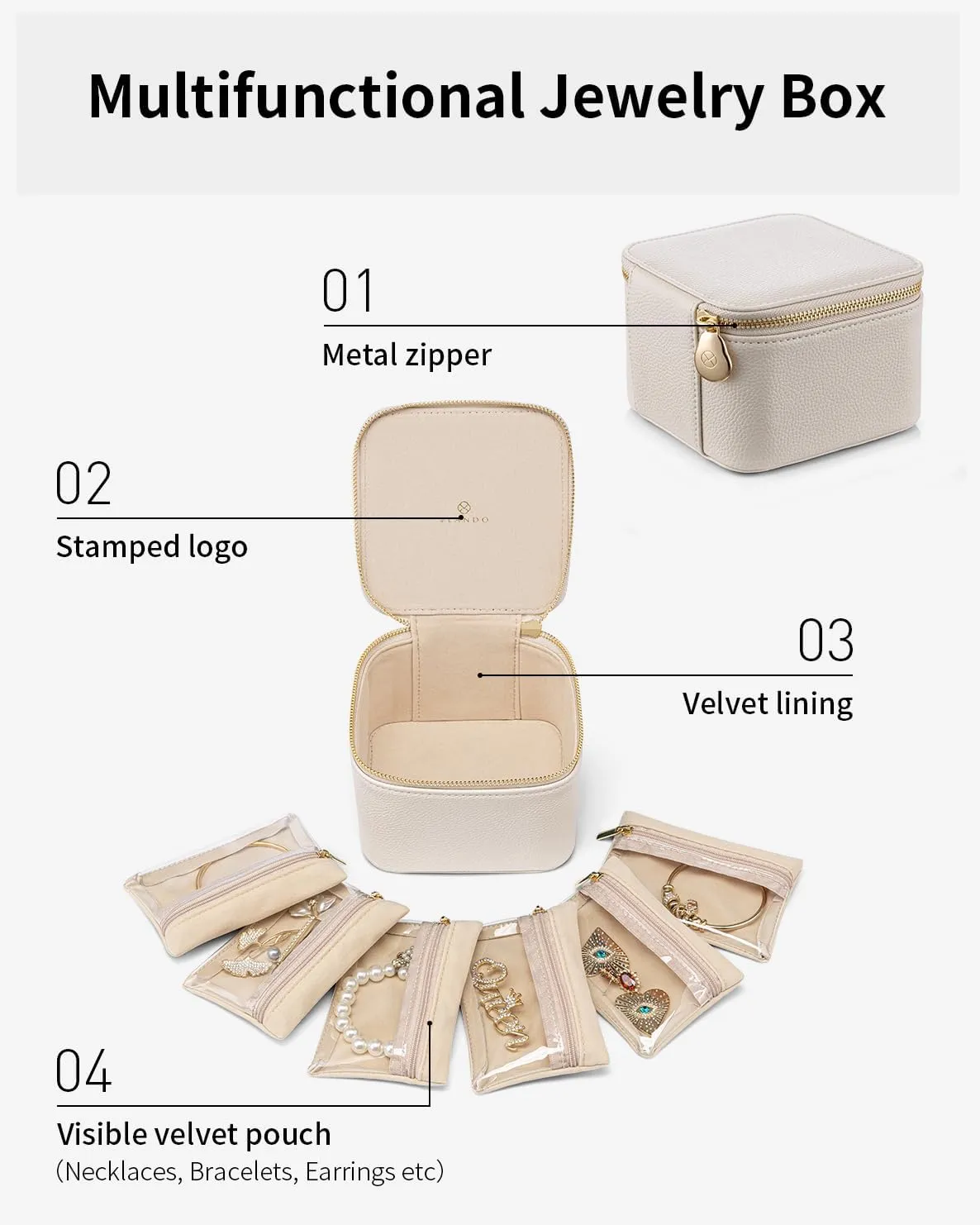 Vlando Teacher Appreciation Gifts,Small Jewelry Box Organizer,Travel Jewelry Storage with 6 Velvet Jewelry Zipper Pockets,Travel Jewelry Case Graduation Gifts Birthday Gifts for Women Girls (White)