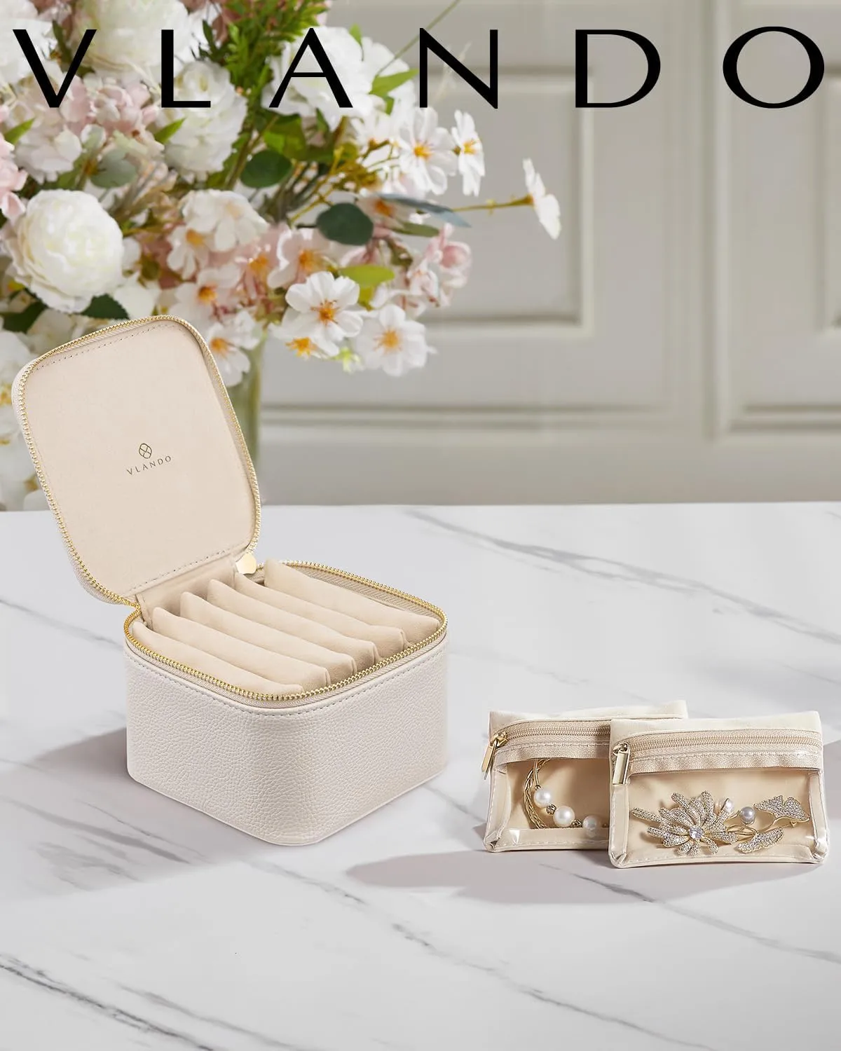 Vlando Teacher Appreciation Gifts,Small Jewelry Box Organizer,Travel Jewelry Storage with 6 Velvet Jewelry Zipper Pockets,Travel Jewelry Case Graduation Gifts Birthday Gifts for Women Girls (White)