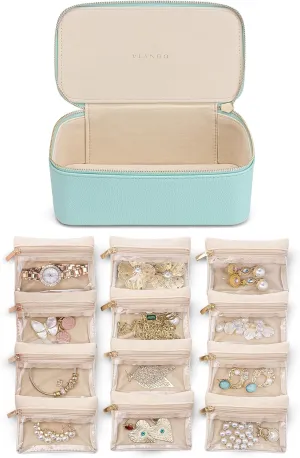Vlando Travel Jewelry Organizer with 12 Velvet Jewelry Bags Travel Jewelry Case for Girls Jewelry Storage Necklace Rings Earrings Bags Gifts for Women Daughter Friends(Lake Blue)