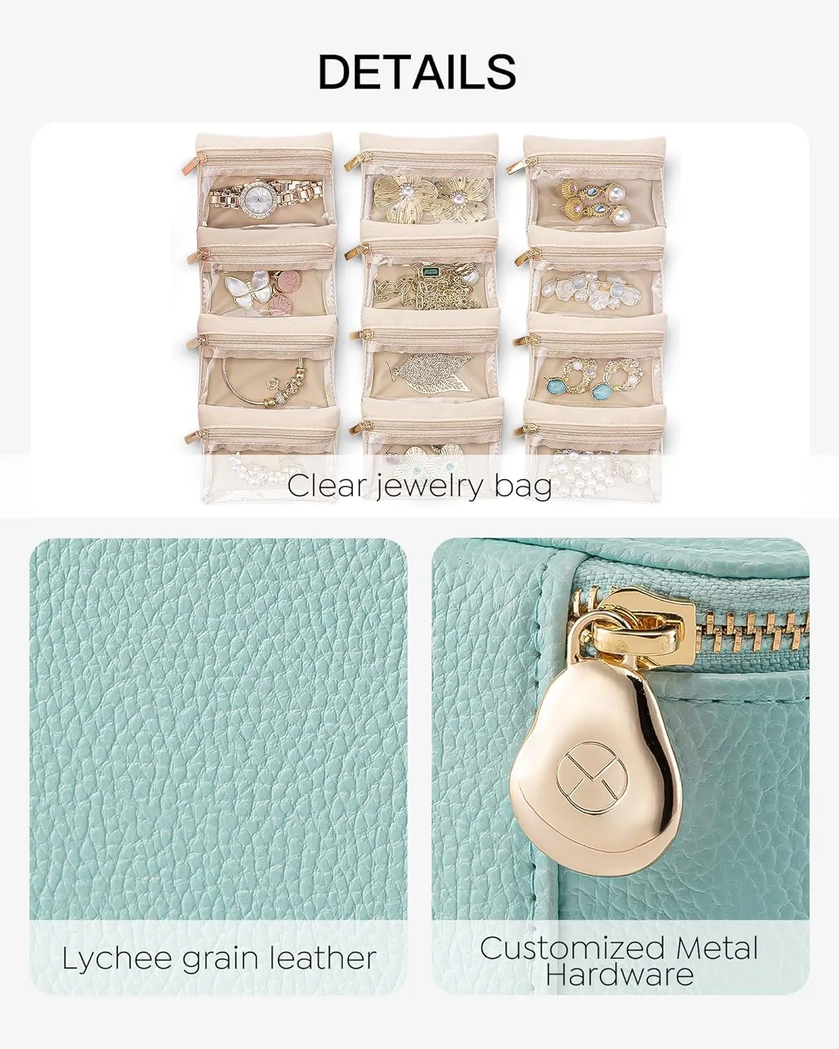 Vlando Travel Jewelry Organizer with 12 Velvet Jewelry Bags Travel Jewelry Case for Girls Jewelry Storage Necklace Rings Earrings Bags Gifts for Women Daughter Friends(Lake Blue)