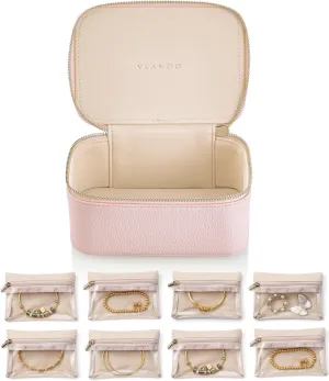 Vlando Travel Jewelry Organizer,Jewelry Box for Girls Women,Jewelry Case for 8 Pcs Velvet Jewelry Bags Storage for Necklace Rings Girls Women Valentines Gift Birthday Gifts-Pink