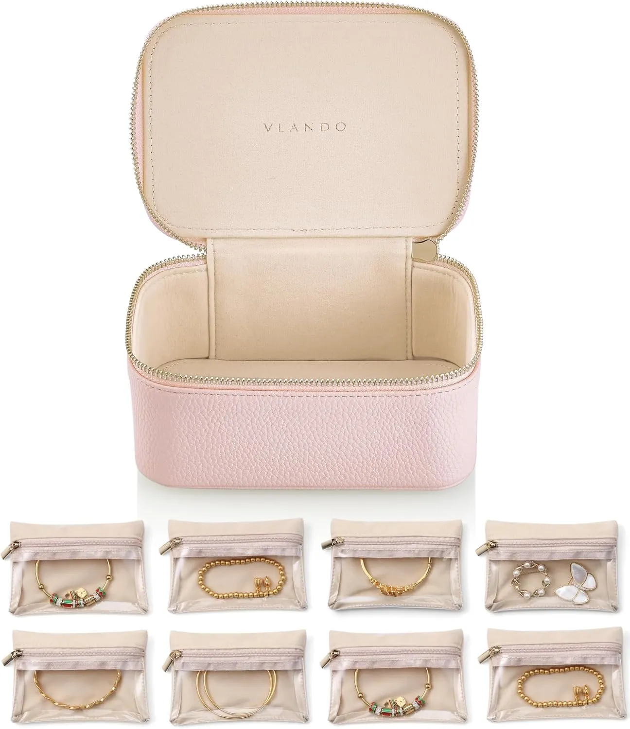 Vlando Travel Jewelry Organizer,Jewelry Box for Girls Women,Jewelry Case for 8 Pcs Velvet Jewelry Bags Storage for Necklace Rings Girls Women Valentines Gift Birthday Gifts-Pink