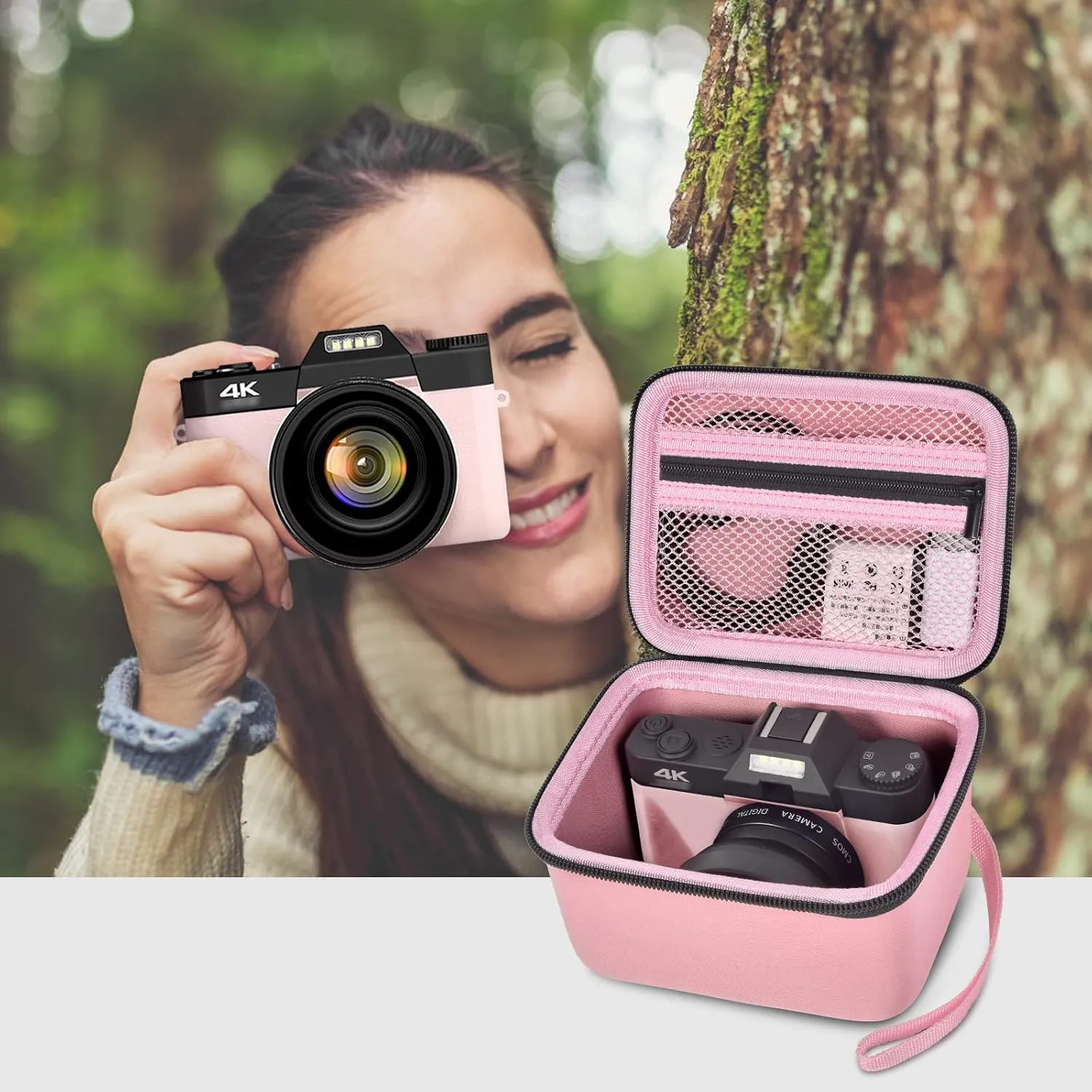 Vlogging Camera Case Compatible with Duluvulu/for TEBNGIHNM/for zheozeig/for Oiadek 4K Digital Cameras for Youtube. Vlog Camera Carrying Storage for Lens, Cable and Other Accessories - Pink