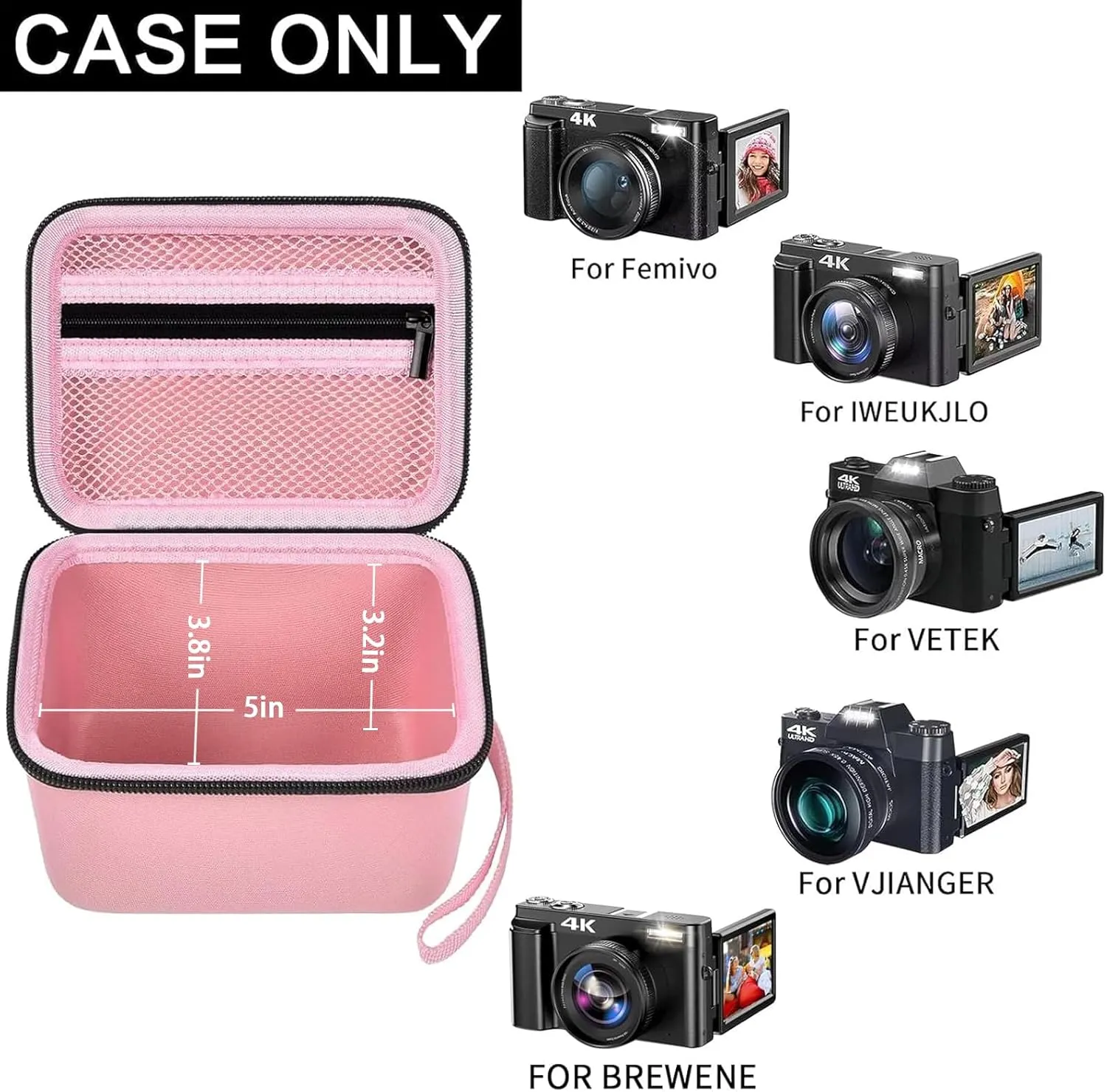 Vlogging Camera Case Compatible with Duluvulu/for TEBNGIHNM/for zheozeig/for Oiadek 4K Digital Cameras for Youtube. Vlog Camera Carrying Storage for Lens, Cable and Other Accessories - Pink