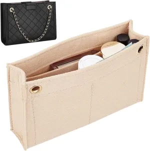 WADORN Felt Purse Organizer Insert, Small Tote Handbag Shaper Toiletry Pouch Organizer Insert Liner with Eyelet Bag in Bag Multi-pocket Inside Storage Tidy Purse Conversion, 7.5x1.8x4.7 Inch, Beige